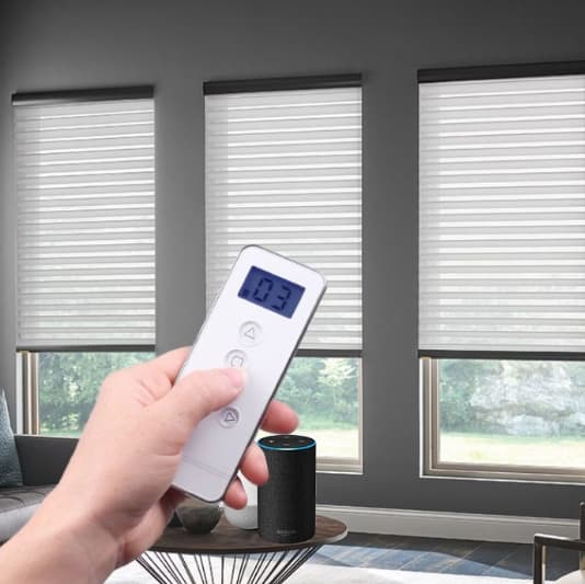 Smart home motorized shades controlled by Alexa and Google Home